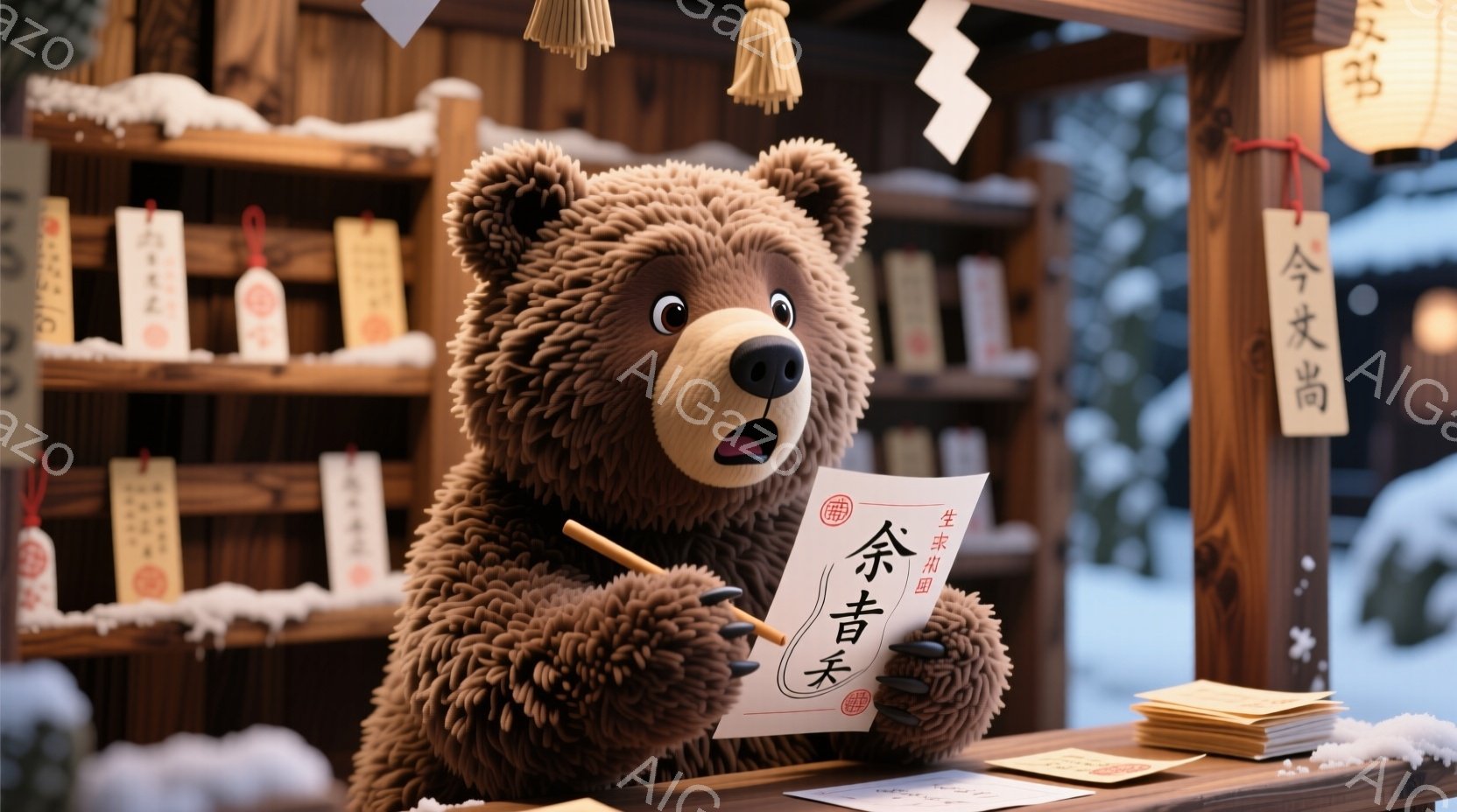 ふわふわの茶色のクマが、日本の古い町並みを背景に、書道をしている様子が描かれています。クマは赤い紙に毛筆で文字を書き、少し驚いた表情を浮かべており、周囲にはたくさんの書道作品が飾られています。背景には雪景色が広がり、木造の建物や提灯が暖かみのある雰囲気を醸し出しています。