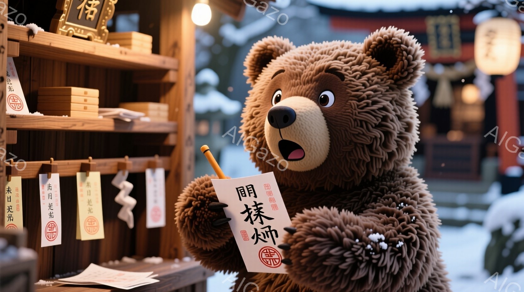 毛むくじゃらの茶色のクマのぬいぐるみと、日本の伝統的な提灯が並んだ背景が見えます。クマは赤い衣装を着ており、片手に「阿字観音」と書かれた小さな木札を持っています。背景には木造の建物と雪景色が見え、冬の - AI生成フリー素材