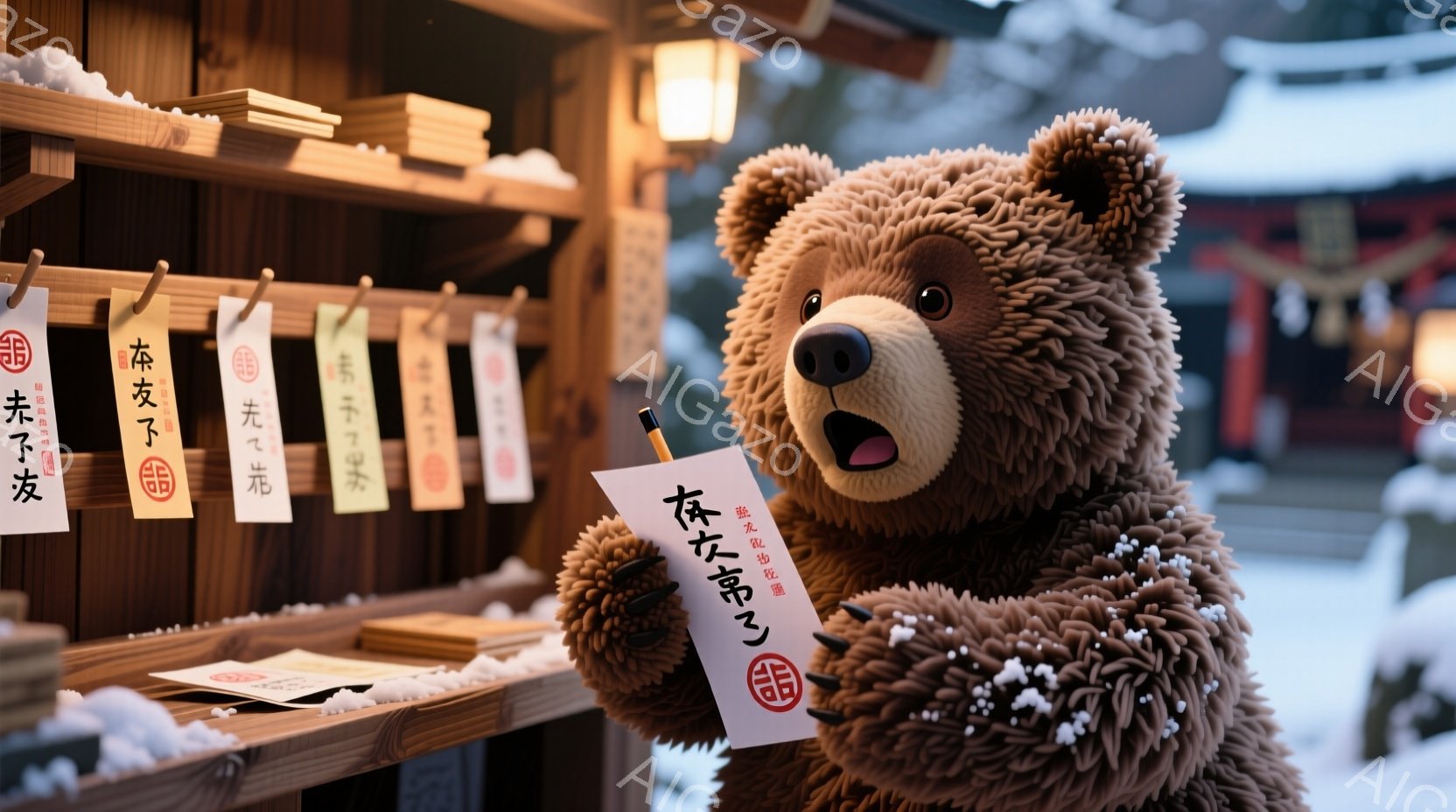 ぬいぐるみは茶色の毛並みで、小さな手には「悪縁絶ち祈願」と書かれた赤い札が握られています。背景には、雪が降る中、提灯や木造の建造物がぼんやりと見え、厳かで静謐な雰囲気が漂っています。札の赤色が茶色のぬいぐるみと対照的で、祈願の願いが強調されています。