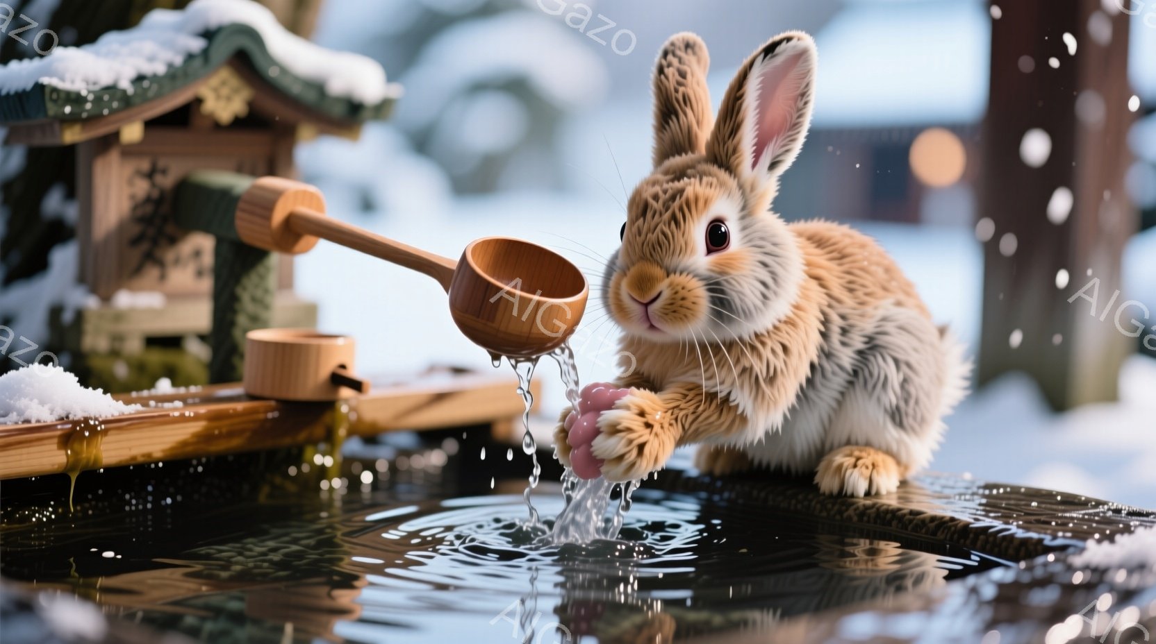 雪が舞う中で、可愛らしい茶色のウサギが、小さな木製の柄杓を使って水を飲んでいます。ウサギは前足を少し伸ばし、真剣な表情で水を口に含み、背景には雪景色の中に小さな祠が見えます。全体的に、冬の静寂とウサギの愛らしさが感じられる、温かく優しい雰囲気の画像です。