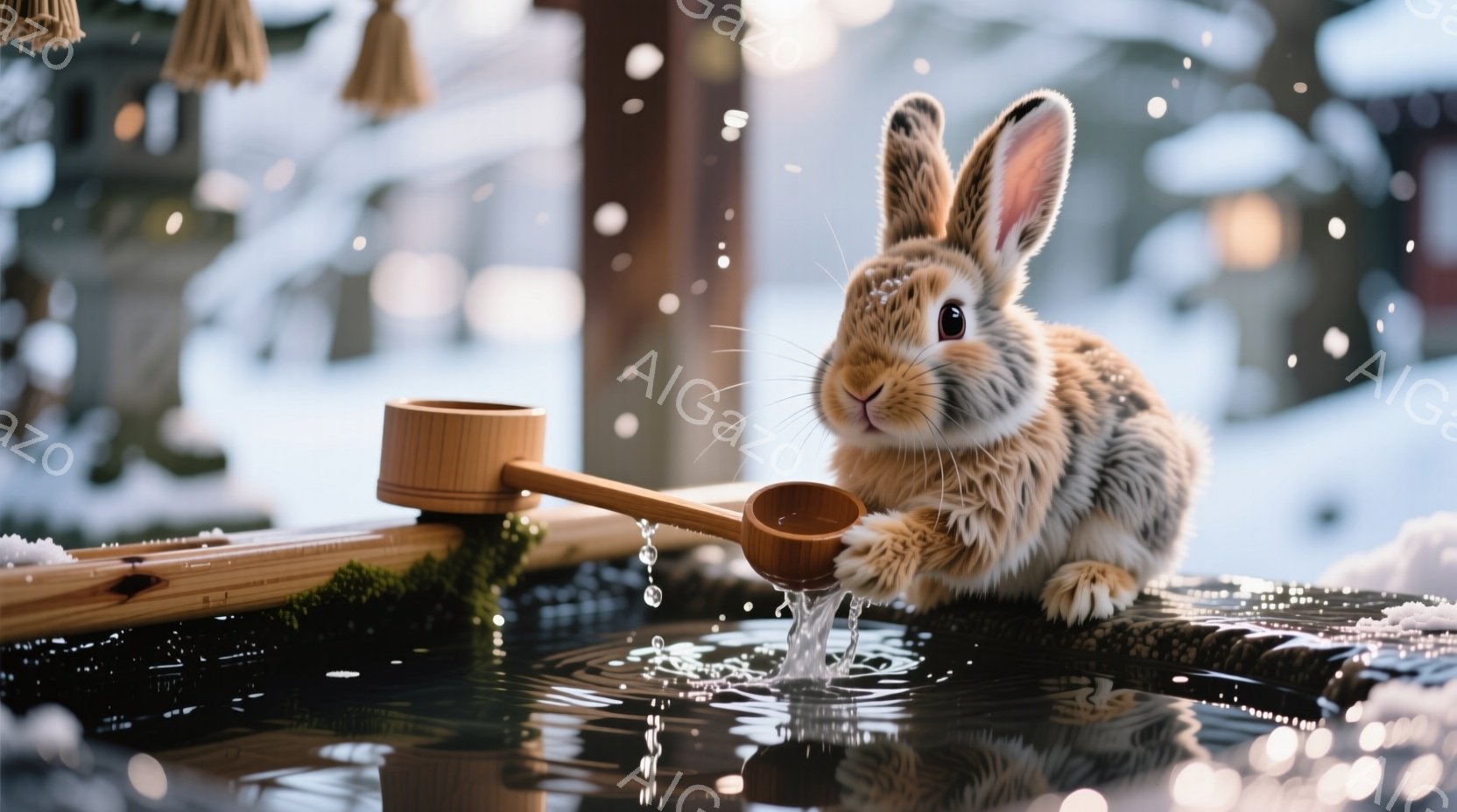 白と茶色の毛並みを持つ可愛らしいウサギが、寺院の柄杓から流れる水を口にしようとしています。背景には雪が舞う寺院の建物が見え、水面にウサギの姿が映り込んでいます。全体的に、静かで穏やかな、冬の風情を感じ - AI生成フリー素材