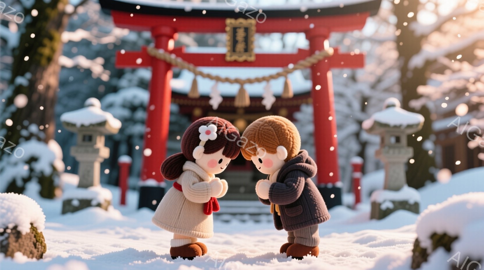 雪景色の中に、可愛らしい男女の置物が寄り添うように立っています。女の子は茶色の髪を二つ結びにして白いコートと赤いリボンで可愛らしく、男の子は紺色のコートを着ています。背景には雪化粧した赤い鳥居と石灯籠があり、冬の暖かく優しい雰囲気を醸し出しています。