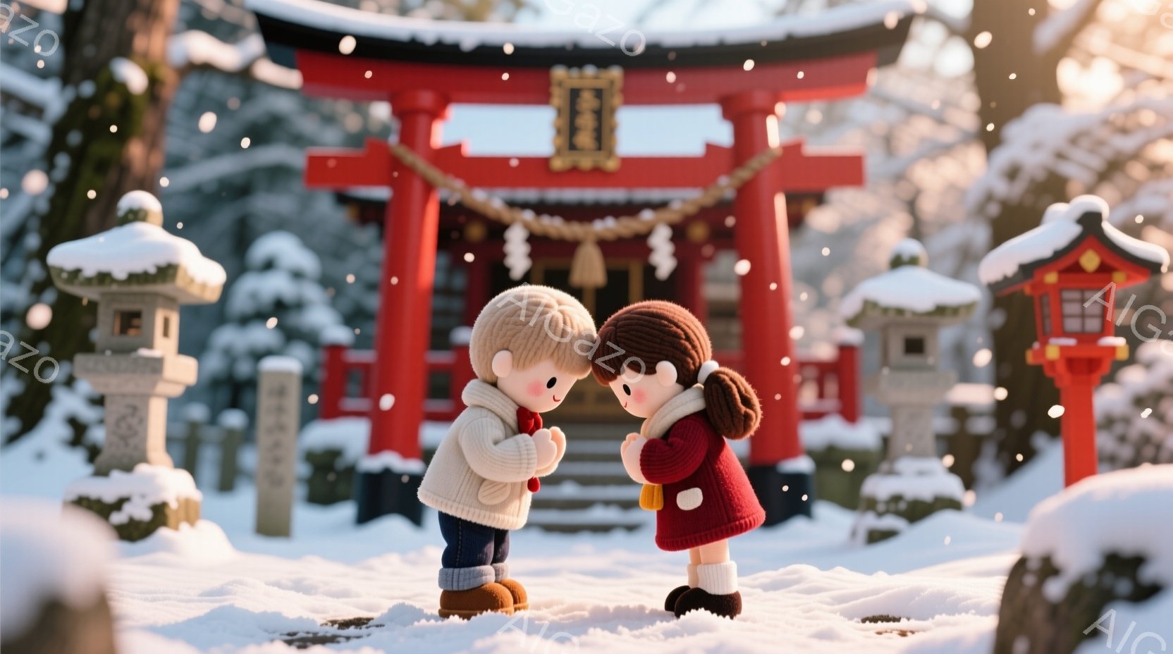 雪景色の中に、可愛らしい少年と少女が寄り添って立っています。少年は白いセーターと濃い青色のズボン、茶色の靴を履き、少女は赤いワンピースと黒い靴を履いています。背景には赤い鳥居と雪で覆われた松の木々があり、全体的に温かく、冬の穏やかな雰囲気を醸し出しています。