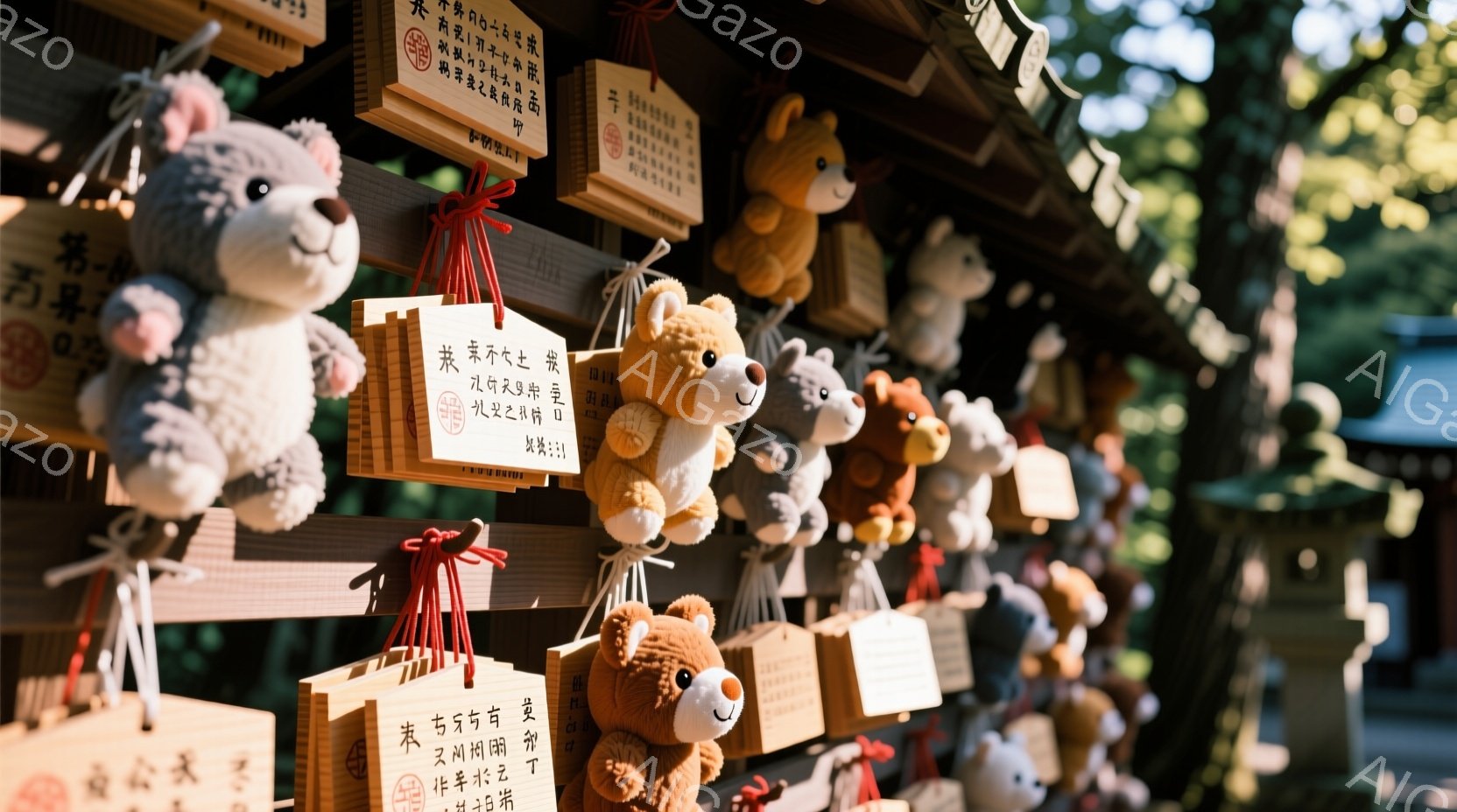 多数の絵馬が吊るされており、その間に様々な色の可愛らしい動物のぬいぐるみたちが並んでいます。背景には緑豊かな木々が見え、明るい日差しが差し込み、穏やかで温かい雰囲気が漂っています。絵馬とぬいぐるみが組み合わさることで、伝統と可愛らしさが共存する、独特な空間が表現されています。