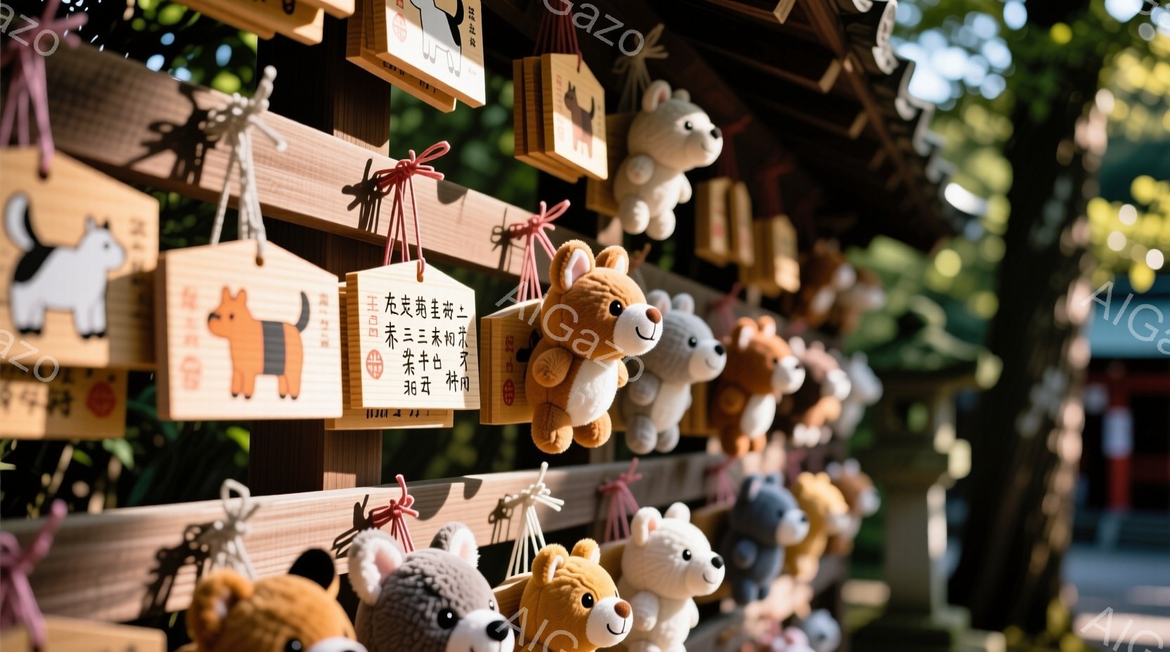 神社の境内にある小さな絵馬が多数吊るされており、その多くは柴犬のぬいぐるみに見立てられています。絵馬には可愛らしい犬のイラストが描かれており、それぞれが赤い紐で結ばれて風に揺れています。背景には緑豊かな木々が見え、柔らかな光が差し込み、穏やかで温かい雰囲気を醸し出しています。