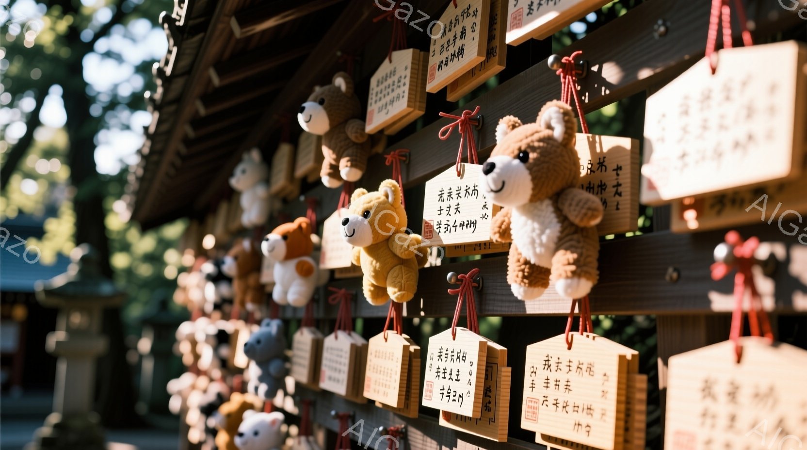 木製の奉納板が並んだ神社の風景が写っています。それぞれの奉納板には文字が書かれており、その下には可愛らしい動物のぬいぐるみが結び付けられています。背景には緑豊かな木々が見え、穏やかな日差しが差し込み、全体的に温かく、祈りの雰囲気が漂っています。
