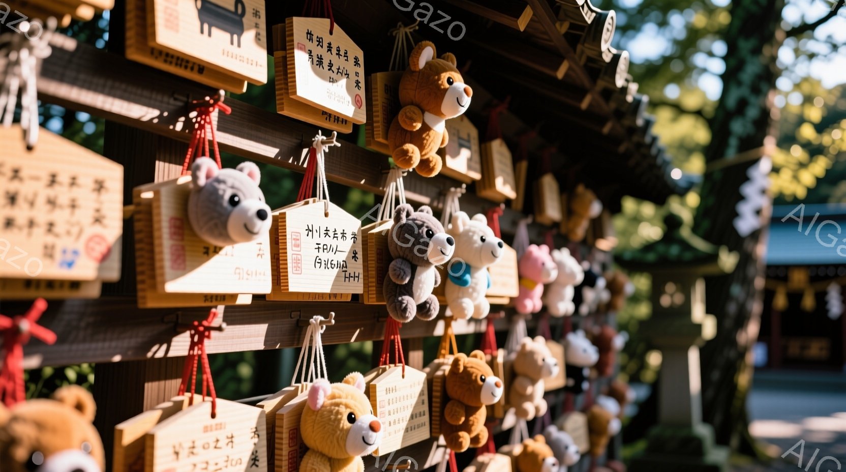 神社の境内にある小さな木製の絵馬が多数吊るされており、それぞれに可愛らしいクマのぬいぐるみが取り付けられています。絵馬には文字が書かれており、願い事が込められていることがうかがえます。背景には木々の緑と神社の建物が見え、穏やかで神聖な雰囲気が漂っています。
