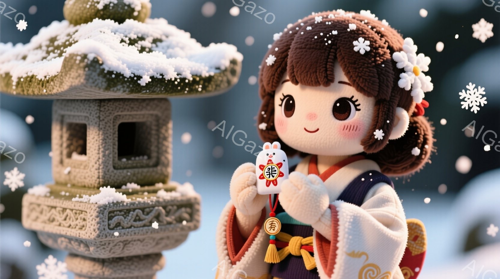 雪が舞う中で、可愛らしい人形が日本の伝統的な衣装を着ています。人形は茶色の巻き毛に白い花飾りをつけ、柔らかな笑顔を浮かべています。背景には雪を頂いた石灯籠があり、静かで幻想的な冬の雰囲気を醸し出しています。