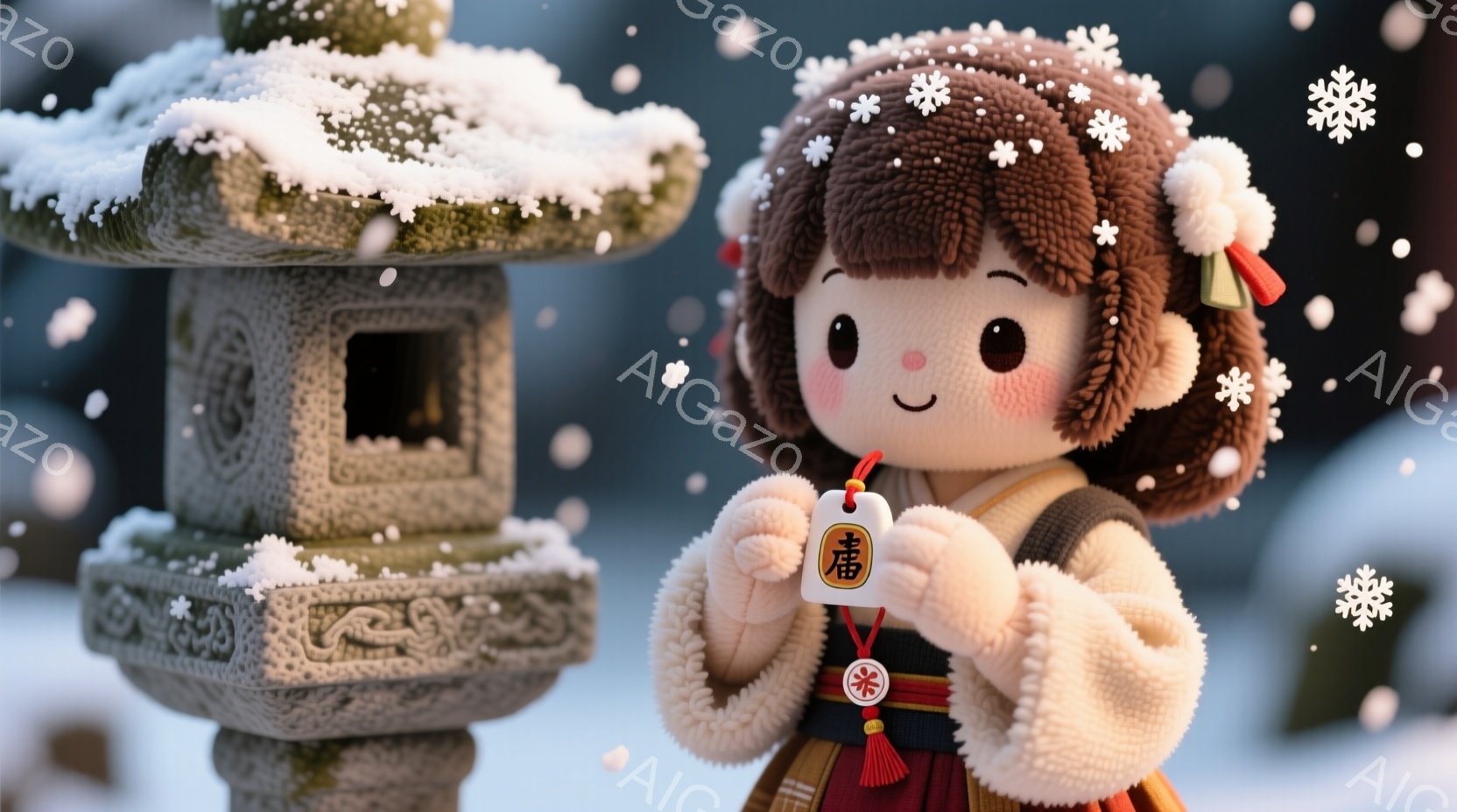 ふわふわとした茶色の髪に、赤いリボンをつけた可愛らしい少女が描かれています。彼女は厚手の白いコートと赤い縁取りの着物を着ており、両手で「福」と書かれたお守りを大切に抱えています。背景には雪に覆われた石灯籠があり、降り積もる雪が冬の静かで穏やかな雰囲気を醸し出しています。