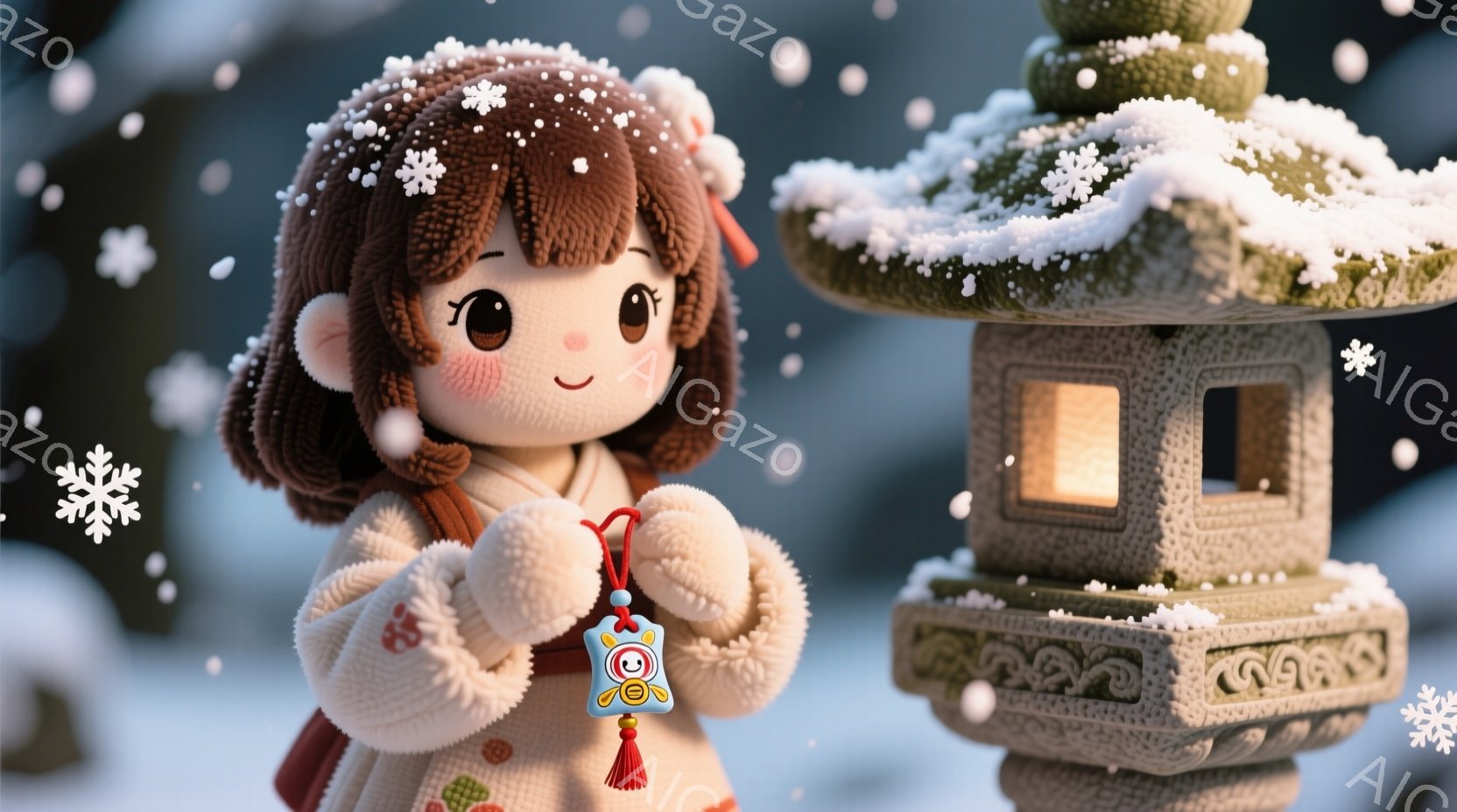 雪が舞う中で、ニット帽と厚手のコートを着た女の子が、両手を前に組んで立っています。彼女は大きな瞳と赤い頬をしており、首には可愛らしい提灯の飾りを下げています。背景には雪で覆われた石灯籠があり、冬の静かで温かい雰囲気を醸し出しています。