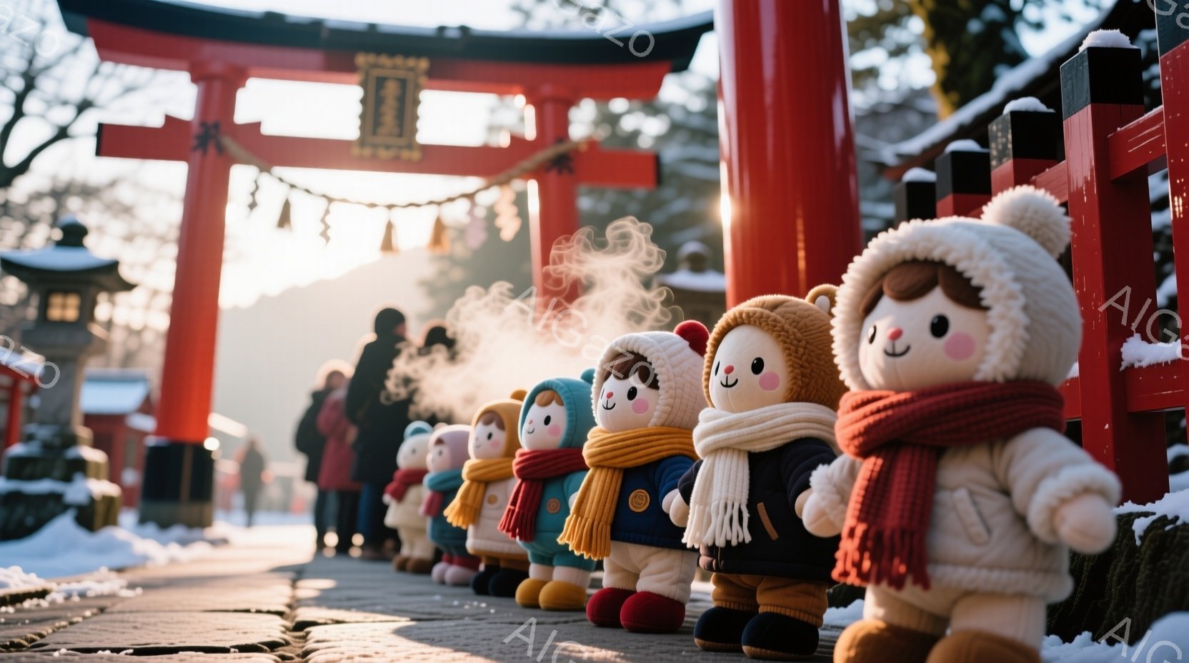 雪が降り積もる参道に、可愛らしい人形たちが一列に並んでいます。人形たちはそれぞれ異なる色のセーターとマフラーを身に着け、つぶらな瞳でこちらを見つめています。背景には朱色の鳥居がそびえ立ち、湯気が立ち上 - AI生成フリー素材