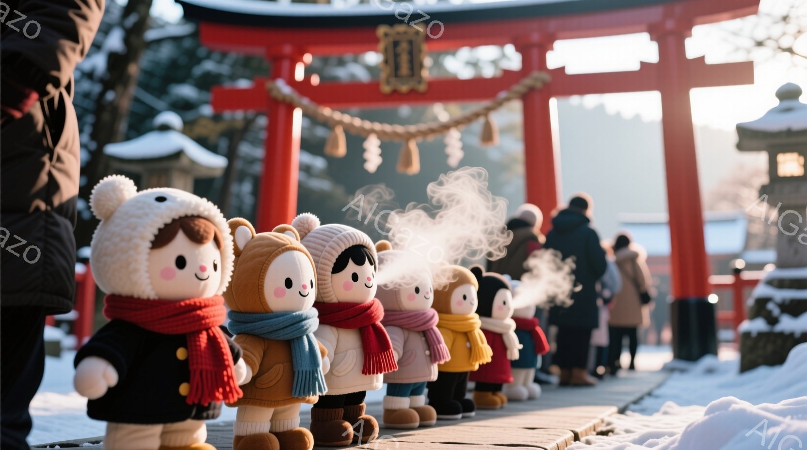 赤い鳥居が背景に広がる雪景色の中で、可愛らしい人形たちが一列に並んでいます。人形たちはそれぞれ異なる色の帽子とマフラーを身につけ、白い顔に愛らしい表情を浮かべており、口からは湯気が立ち上っています。雪が積もった石畳の道と、遠くに見える参拝者の姿が、冬の静かで温かい雰囲気を醸し出しています。