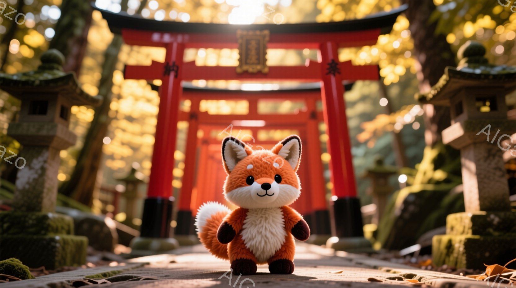 明るい日差しが差し込む参道の中心に、愛らしいキツネのぬいぐるみがあります。そのキツネは、ふわふわのオレンジ色の毛並みと白いお腹、短い足で、正面を見つめています。背景には、鮮やかな朱色の鳥居と苔むした石灯籠、そして黄色の葉が散らばる自然豊かな風景が広がっています。