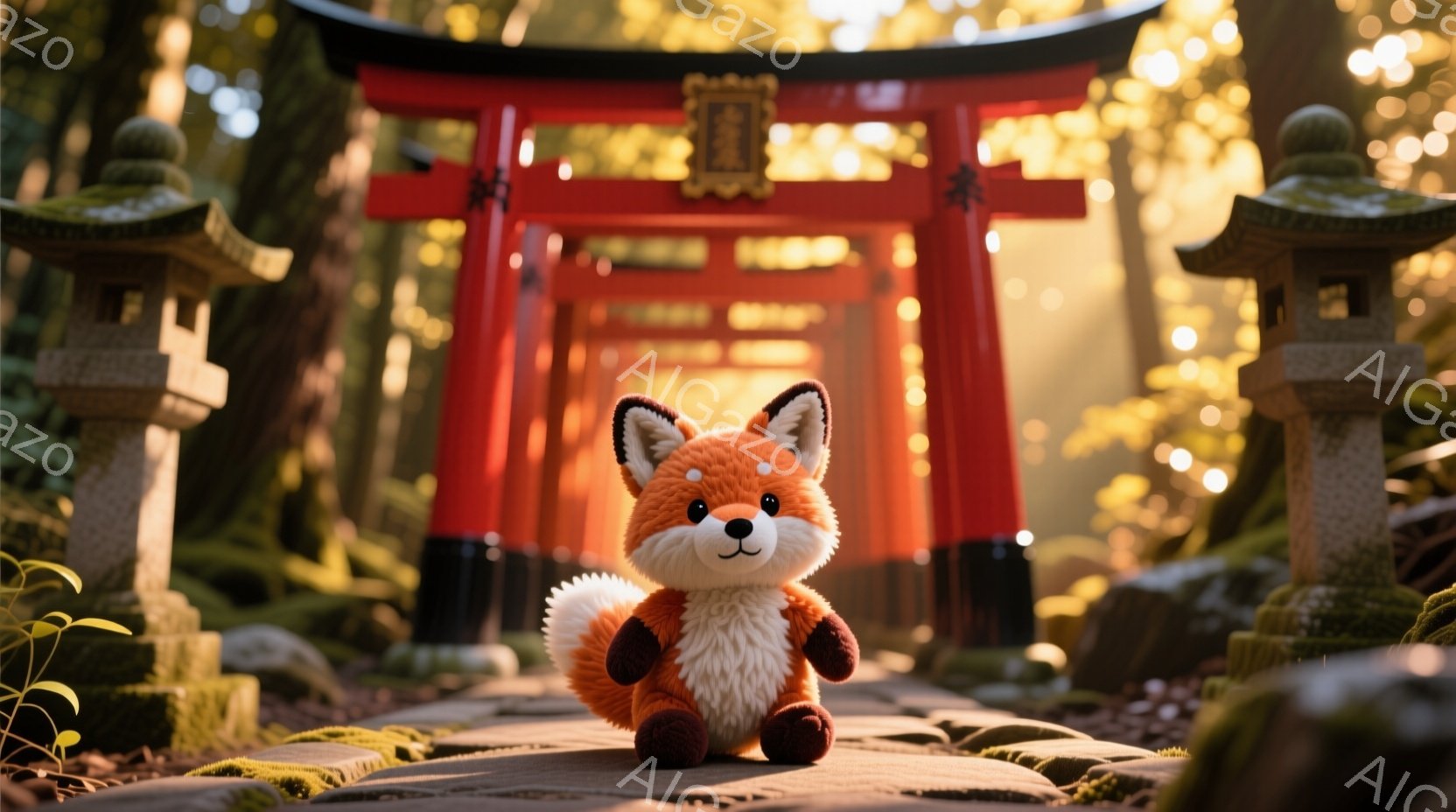 明るい日差しが差し込む参道に、ふわふわのキツネのぬいぐるみがお座りしている。背景には鮮やかな朱色の鳥居と石灯籠が並び、緑豊かな自然に囲まれている。暖かく穏やかな雰囲気が漂い、まるで物語の一場面のような光景だ。