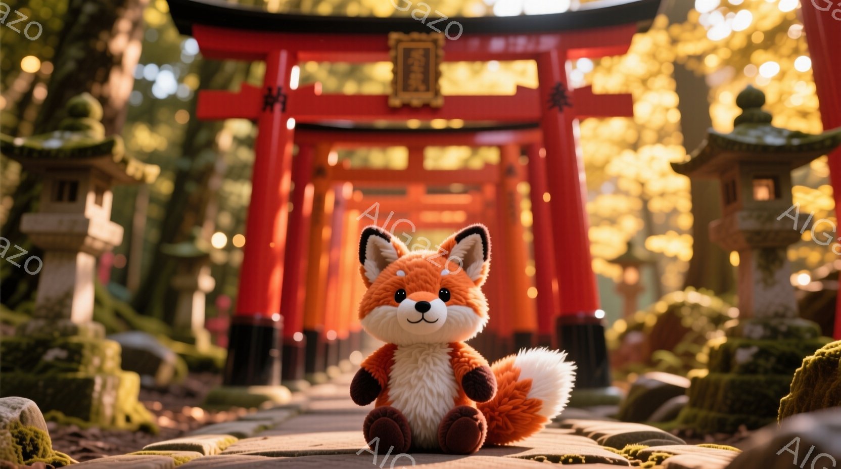 鮮やかなオレンジ色のぬいぐるみキツネが、石畳の道に座っています。背景には朱色の鳥居が聳え立ち、苔むした石灯籠が並び、秋の日の光が木々の間から差し込んでいます。全体的に温かく、穏やかな雰囲気が漂っています。