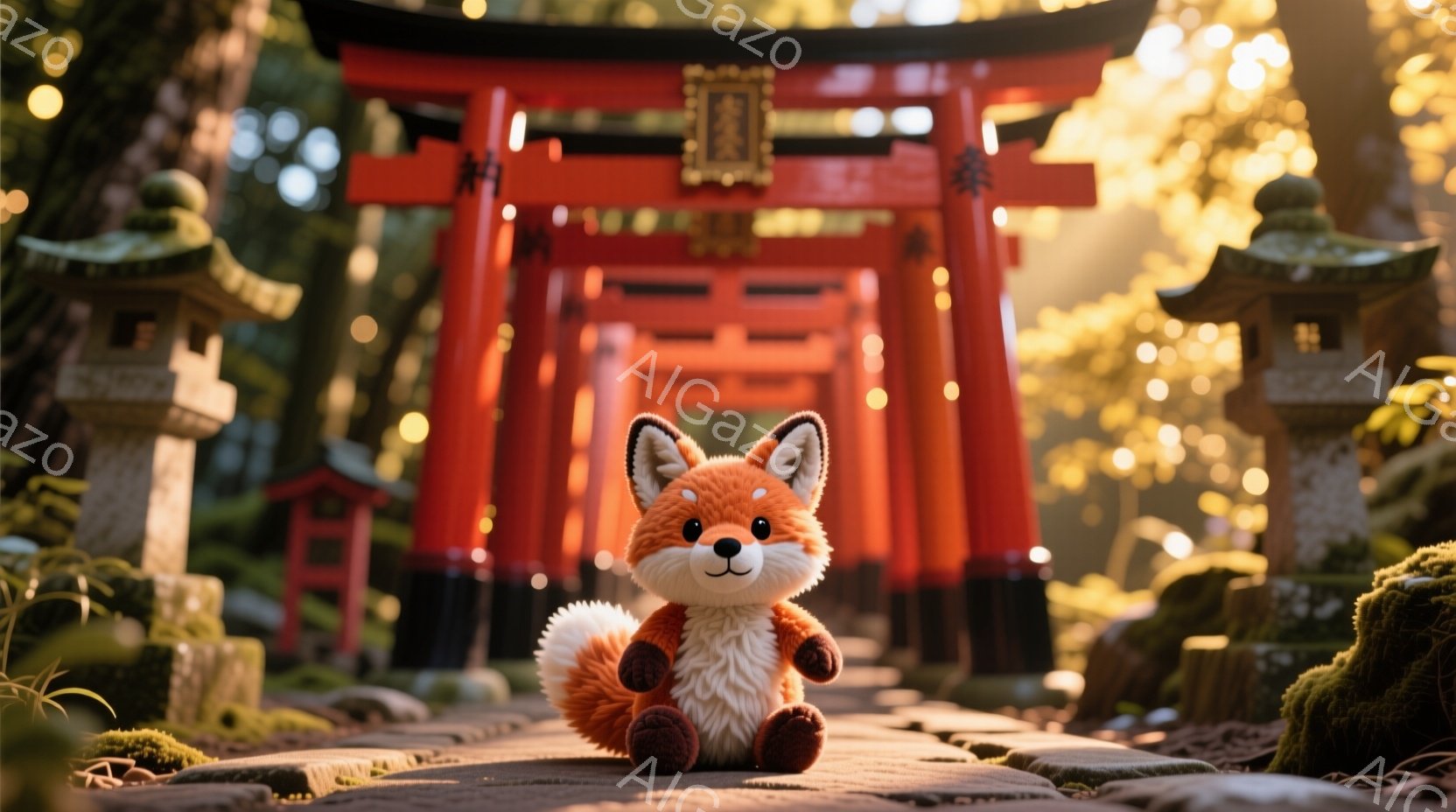 鮮やかな朱色の鳥居が並ぶ参道の中央に、ふわふわのオレンジ色の狐のぬいぐるみがあります。ぬいぐるみは正面を向き、穏やかな表情で座っており、モフモフとした尻尾が特徴的です。背景には苔むした石灯籠や緑豊かな木々が広がり、柔らかな光が差し込み、静かで神秘的な雰囲気を醸し出しています。