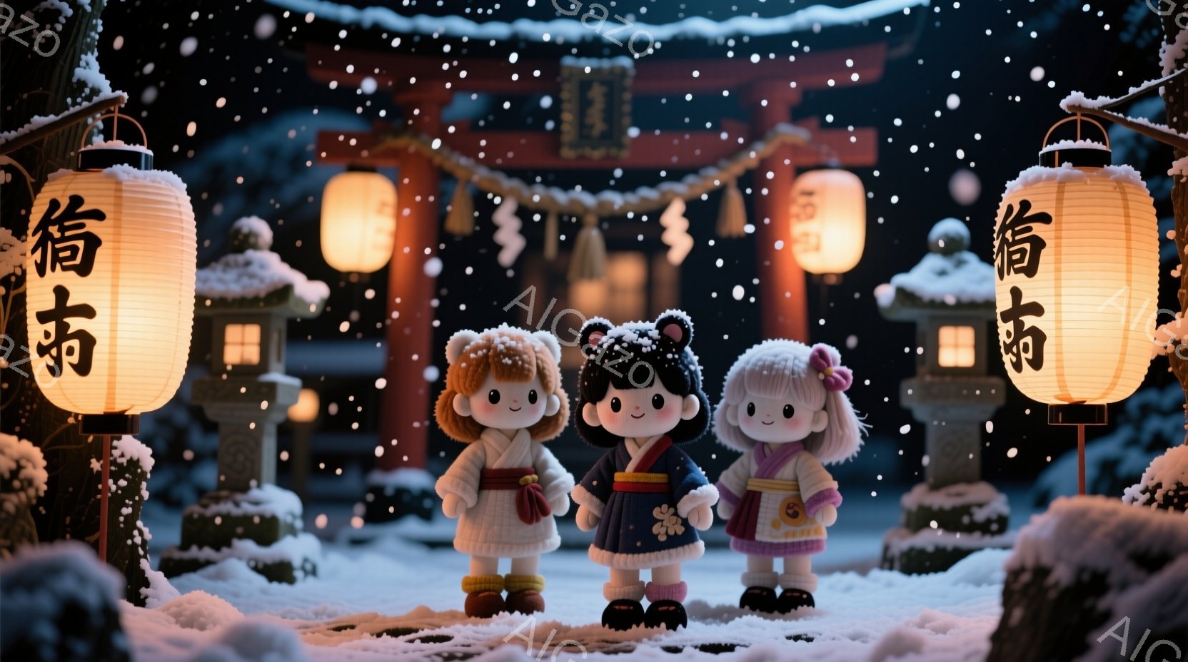 雪景色の中、日本の伝統的な衣装を着た３人の可愛らしい人形が立っています。 それぞれ異なる色の着物と、結い上げられた髪型で、笑顔で正面を見つめています。 背景には雪で覆われた鳥居と提灯が見え、穏やかで幻想的な雰囲気を醸し出しています。