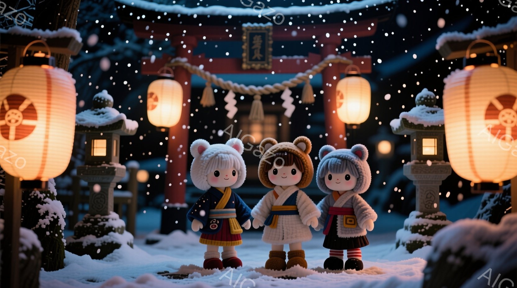 雪が降る中、可愛らしい人形たちが並んで立っています。それぞれ異なる和風の衣装を身につけ、頭にはクマの耳のような飾りをつけています。背景には提灯や石灯籠が並び、日本の伝統的な建造物が雪景色の中に浮かび上 - AI生成フリー素材