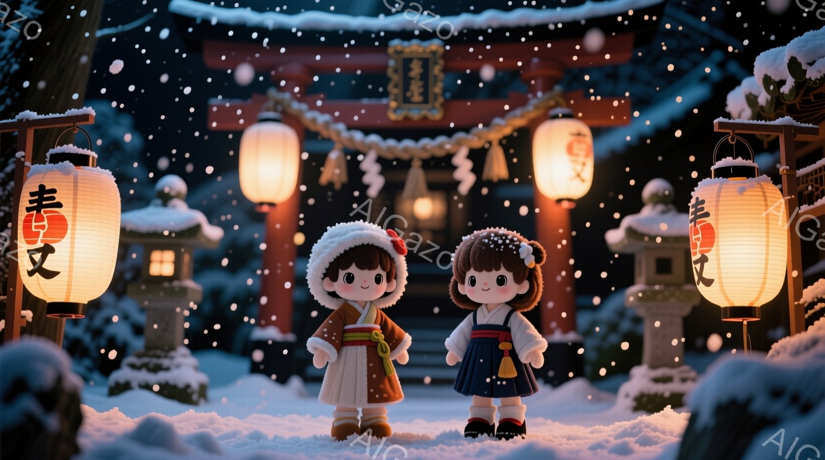 雪が降り積もる中で、可愛らしい人形のような少女たちが並んで立っています。少女たちはそれぞれ異なる色の着物と、耳当てをつけた髪型で、表情は穏やかで微笑んでいます。背景には、雪化粧された鳥居と灯籠が並び、 - AI生成フリー素材