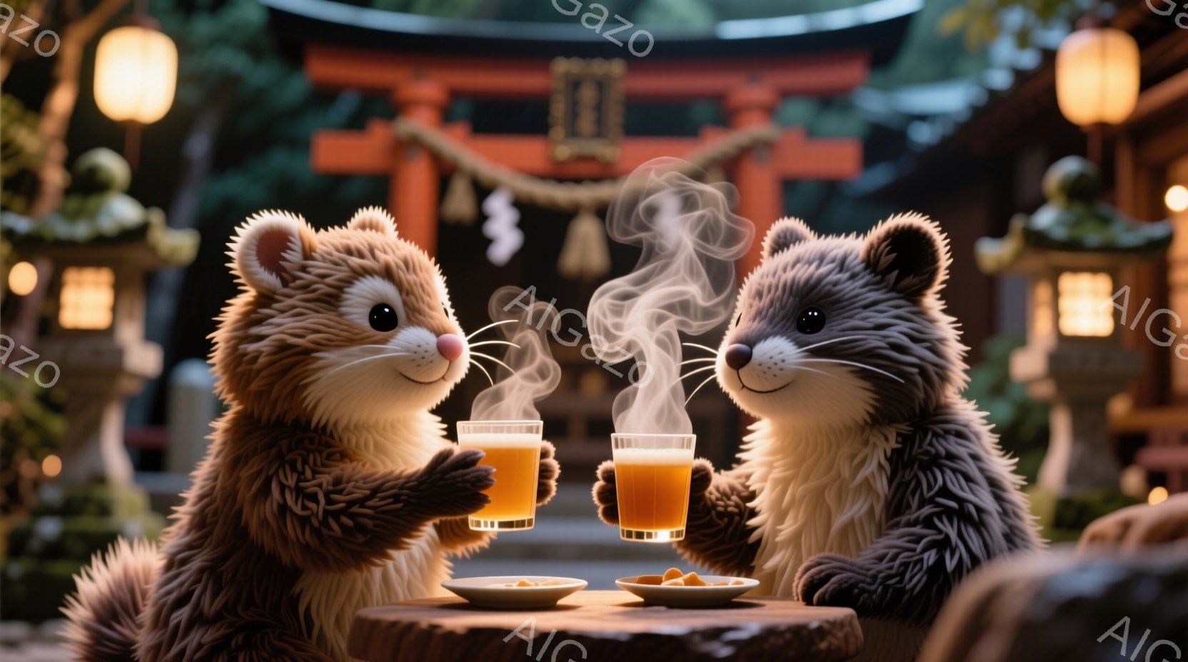 テーブルを挟んで向かい合って座る二匹のいたちのような動物が描かれています。彼らは温かい飲み物を手にし、湯気が立ち上る様子から、リラックスした雰囲気が伝わってきます。背景には赤い鳥居と緑豊かな自然があり、日本の静かな風景の中にいるような、穏やかで落ち着いた雰囲気が漂っています。