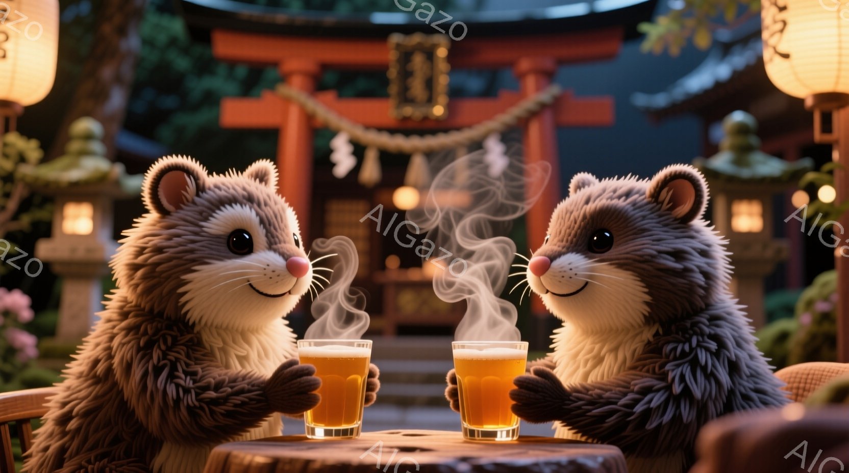 まるで人間のように見える2匹のハダカデバネズミが、屋外のテーブルを挟んで向かい合って座り、それぞれ手に湯気を立てるビールのグラスを持っています。背景には、提灯や緑豊かな植物、そして日本の神社のような建物があり、暖かく親しみやすい雰囲気を作り出しています。全体的に、穏やかで楽しいひとときを表現した画像です。