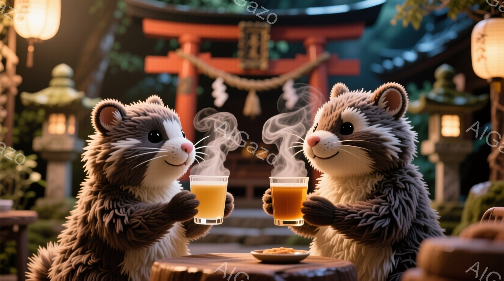 2匹の毛並みの良いフェレットが、木製のテーブルを挟んで向かい合って座り、湯気を立てるオレンジジュースのような飲み物を楽しんでいます。背景には、灯篭と赤い鳥居が見え、緑豊かな自然に囲まれた静かで穏やかな雰囲気です。フェレットたちは微笑んでおり、温かい飲み物を楽しむリラックスした様子が伝わってきます。