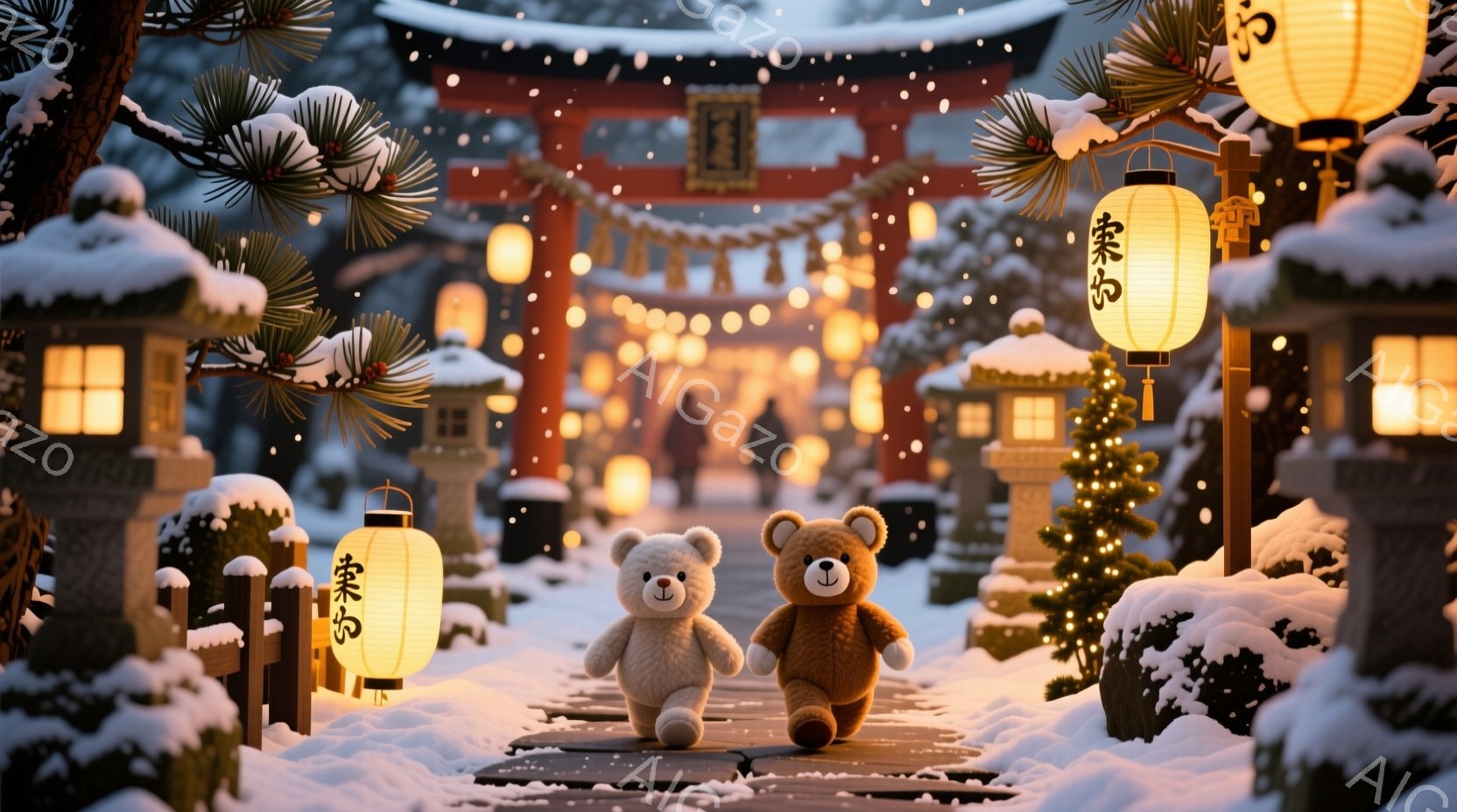 雪が降り積もる中、可愛らしいテディベアが二人、赤い鳥居が並ぶ参道の中を並んで歩いている。暖色の灯籠が雪景色を照らし、冬の穏やかで幻想的な雰囲気を醸し出している。背景には伝統的な日本の建物が見え、静かで - AI生成フリー素材