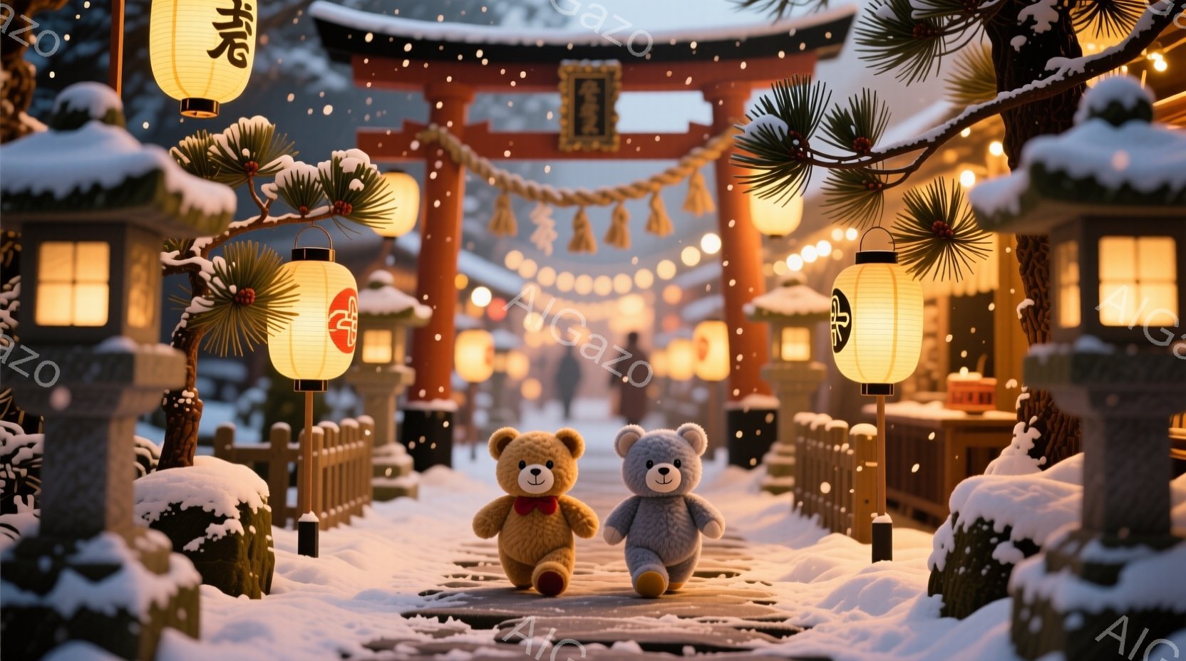 雪が舞う中、朱色の鳥居が連なる参道を行く、可愛らしいテディベア二匹が印象的です。片方のクマは茶色、もう片方のクマはグレーで、どちらも雪景色の中で小さく微笑んでいます。背景には、雪を被った建物や松の木が - AI生成フリー素材
