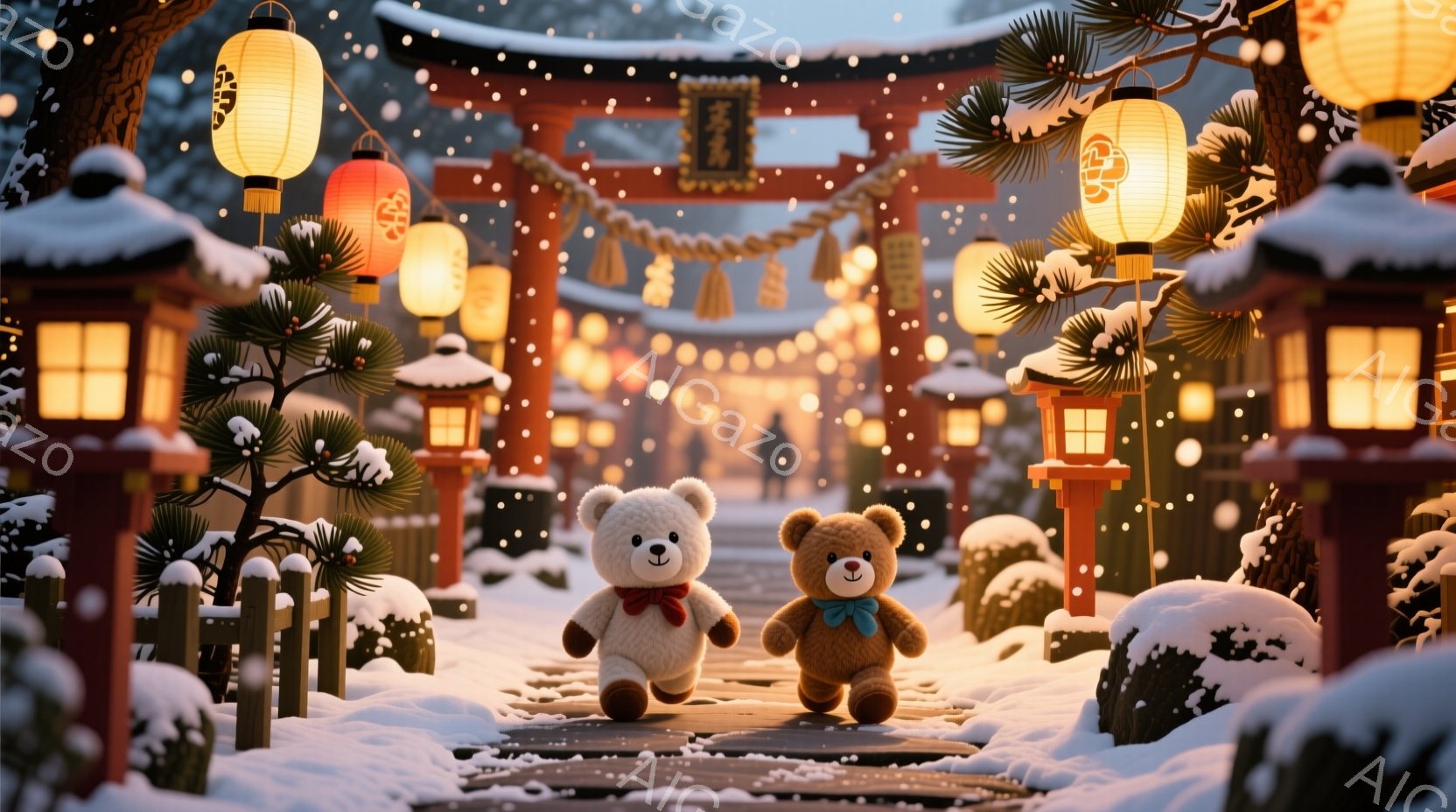 雪が舞う中、可愛らしいクマのぬいぐるみが二人、日本の伝統的な鳥居のトンネルを歩いています。白いクマは赤いリボン、茶色のクマは青いリボンを首に巻いており、それぞれ楽しそうな表情をしています。背景には雪化 - AI生成フリー素材