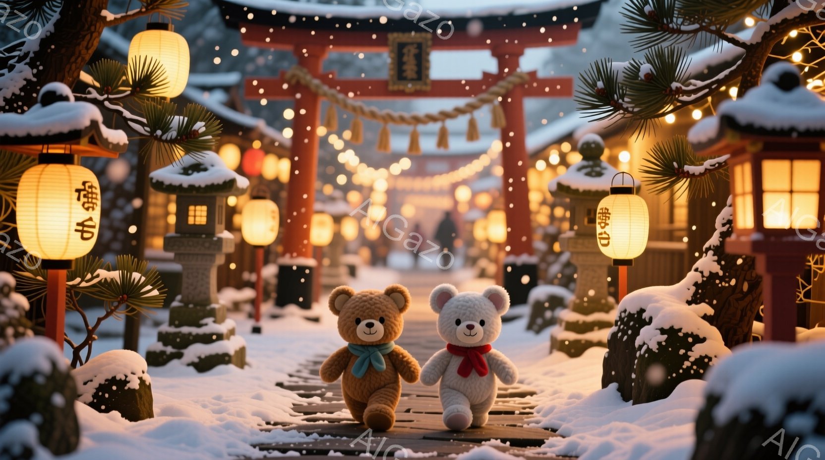 雪が舞う中、茶色と白のテディベアが並んで歩いている。背景には、雪化粧した鳥居、提灯、雪で覆われた植物が並び、幻想的な冬の風景が広がっている。暖かく優しい光が灯り、穏やかで心安らぐ雰囲気が漂っている。 - AI生成フリー素材