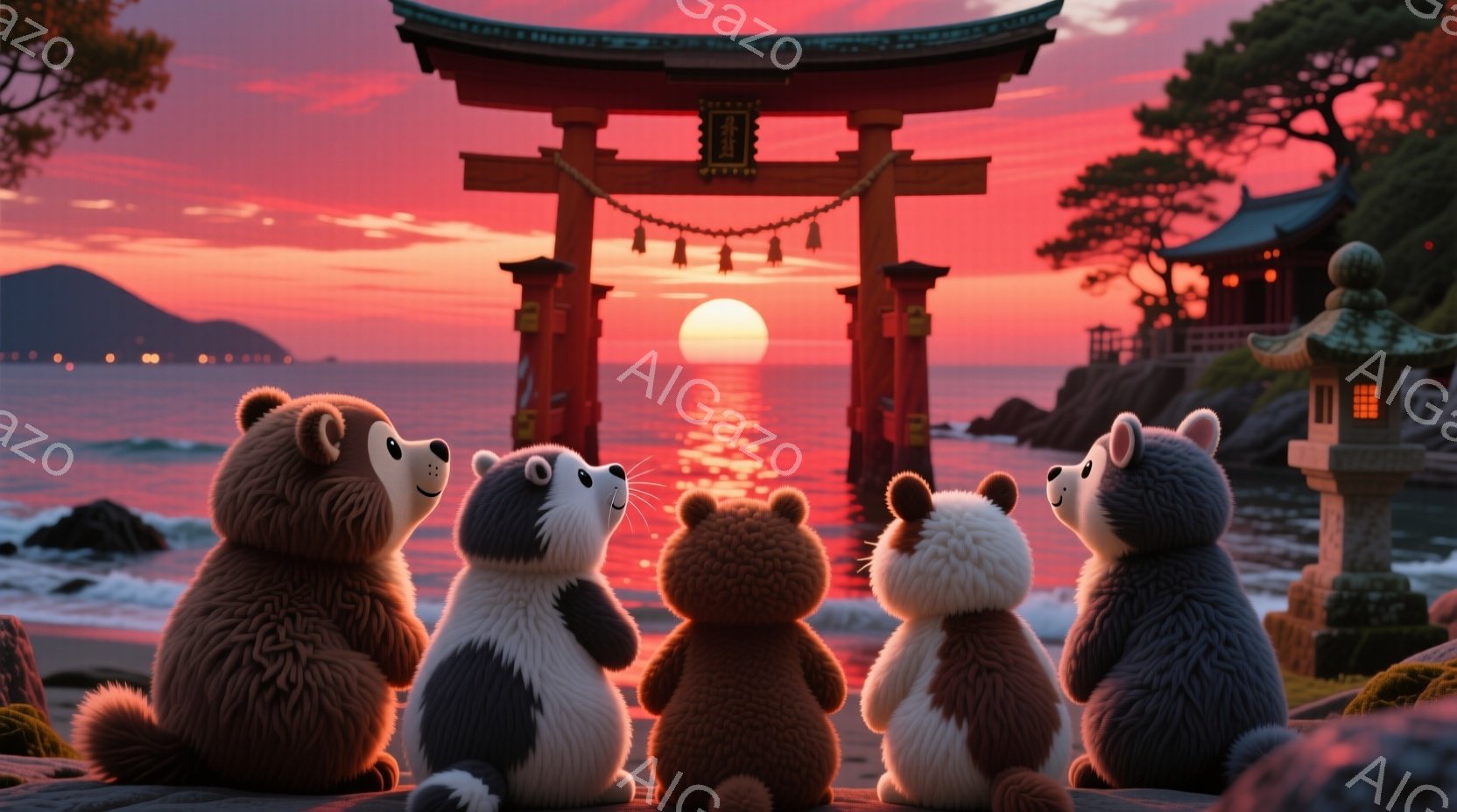 海岸線に並んだ五匹の愛らしいクマたちが、夕焼けに照らされた鳥居を見つめている。クマたちは皆、背中を丸めて座っており、それぞれ異なる毛色をしている。背景には朱色の鳥居、穏やかな海、そして茜色に染まった空が広がり、静かで温かい雰囲気を醸し出している。