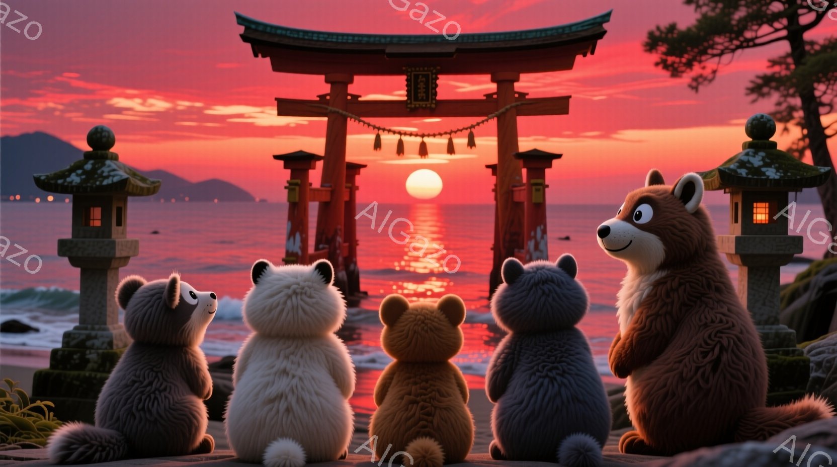 鮮やかな夕焼けを背景に、鳥居が海に面して立っています。前に座っているのは、様々な毛色の可愛いクマの家族で、皆夕日を静かに見つめています。背景には穏やかな海と遠くに見える山々が広がり、全体的に温かく穏やかな雰囲気が漂っています。