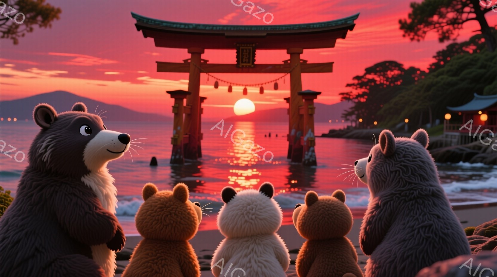 海辺に立つ、ふわふわとした毛並みの4匹の動物たちが描かれています。彼らは皆、真っ赤な夕焼けを背景にした海に浮かぶ鳥居を見つめており、それぞれ異なる毛色を持っています。背景には、緑豊かな木々や、薄暗く光る灯籠が見え、穏やかで幻想的な雰囲気を醸し出しています。