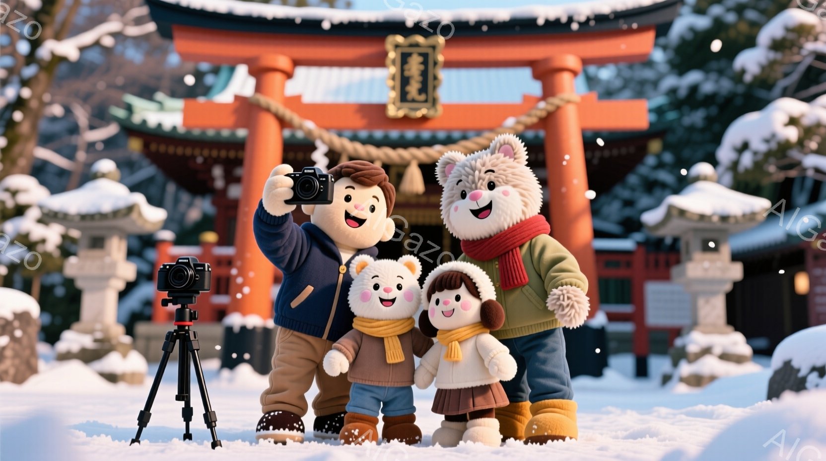 雪景色の中に、家族連れの可愛らしいキャラクターたちが立っています。父親は茶色の髪で笑顔を見せ、カメラを持って自撮りをしています。母親と二人の子供たちは、それぞれニット帽とマフラーを着用し、暖かく幸せそ - AI生成フリー素材