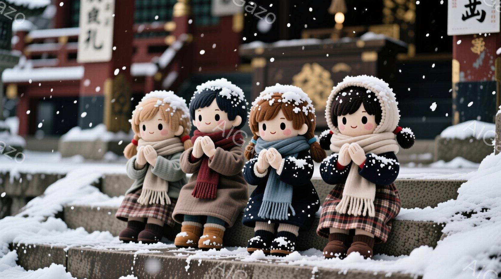 雪が降り積もる階段に、可愛らしい人形が四体並んで座っています。人形たちはそれぞれ異なる色のコートとマフラーを身につけ、頭にはポンポン付きの帽子をかぶり、両手を合わせて祈るようなポーズをとっています。背景には、日本の伝統的な建築様式の建物が見え、冬の静かで幻想的な雰囲気を醸し出しています。