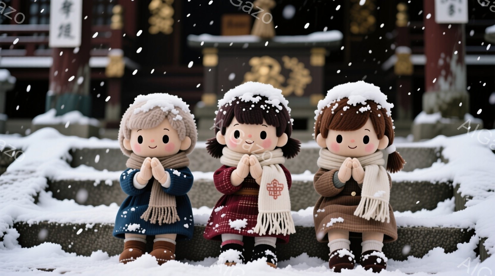 雪が降る寺の石段に、可愛らしい人形のような女の子たちが並んでいます。それぞれ紺色、赤と黒のチェック、茶色のコートとマフラーを身につけ、両手を合わせて祈るようなポーズをとっています。背景には、雪に覆われ - AI生成フリー素材