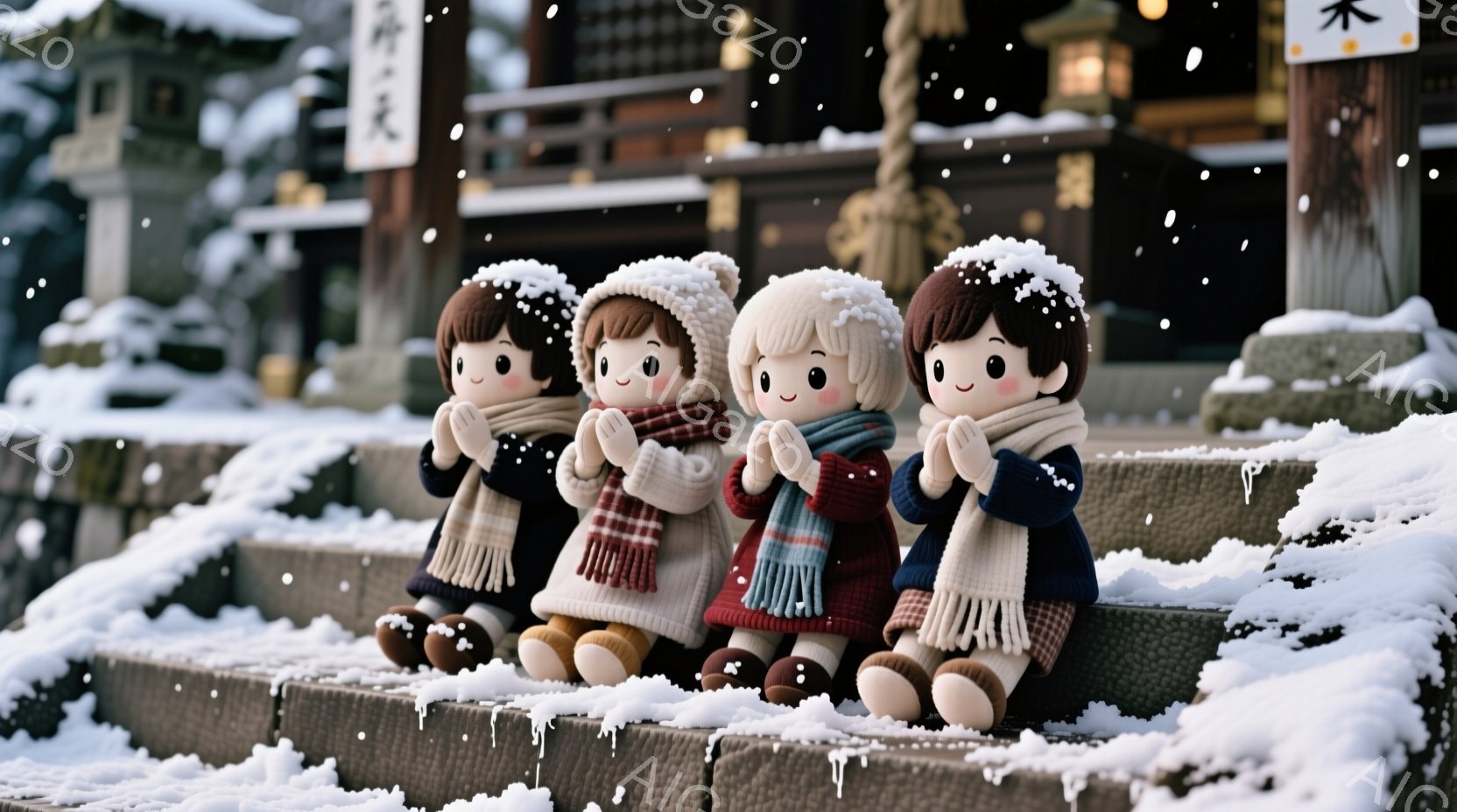 雪が降る寺の石段に、可愛らしい人形たちが並んで座り、両手を合わせて祈る姿が描かれています。人形たちはそれぞれ赤い、茶色、紺色のコートとマフラーを身につけ、冬らしい暖かな色合いです。背景には雪景色と寺の建物が見え、静かで心温まる雰囲気が漂っています。