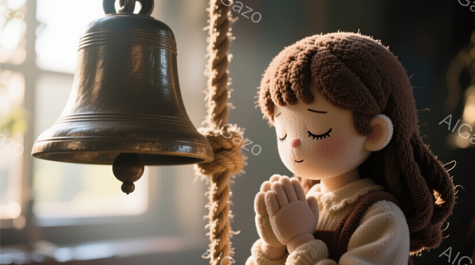 茶色の巻き毛の少女が祈るように両手を合わせています。オフホワイトのセーターに茶色のサスペンダーオーバーオールを着ており、穏やかな表情で目を閉じています。背景にはロープで吊るされた大きな鐘があり、光が差 - AI生成フリー素材
