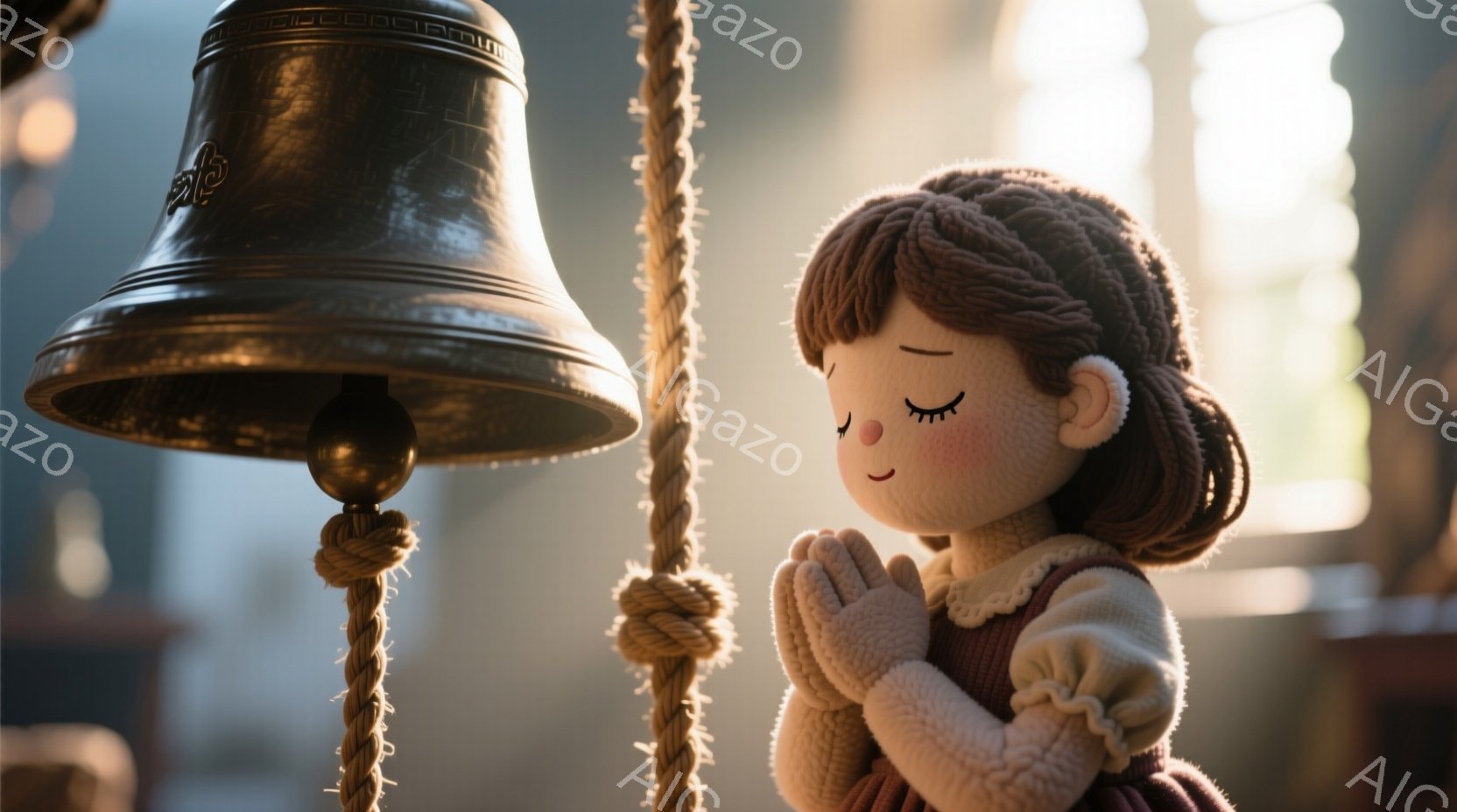 赤毛の少女が祈るように両手を合わせています。少女は、クリーム色のセーターの上に赤いエプロンをつけ、髪は二つに結ばれています。背景には、古い教会の内部のような構造物があり、光が差し込んで暖かく、穏やかな雰囲気を醸し出しています。