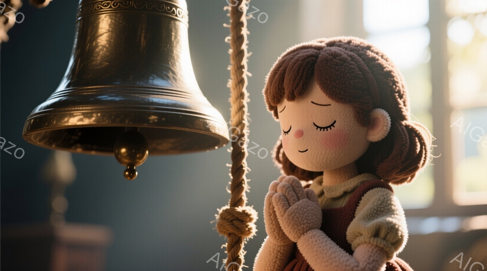少女は、明るい窓から差し込む光の中で、祈るように両手を合わせて目を閉じています。彼女は赤毛で、毛先がカールした髪型をしており、ベージュ色のセーターと赤いベストを着ています。背景には大きな鐘がぶら下がり、ぼやけた建物のシルエットが見え、暖かく、平和な雰囲気が漂っています。