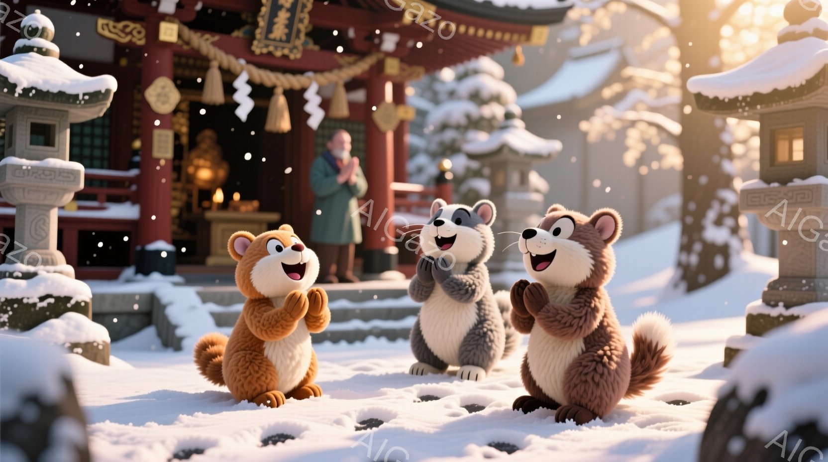雪が降る中、三匹の愛らしいカワウソが寺院の前に立っている。彼らは皆、手を合わせて祈るようなポーズをとっており、楽しそうな表情をしている。背景には鮮やかな朱色の寺院と、雪で覆われた石灯籠が見え、穏やかで幻想的な雰囲気を醸し出している。