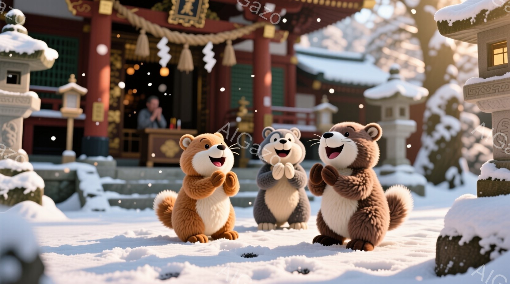 雪景色の中に、愛らしいカワウソのキャラクターが三匹並んでいます。彼らは皆、明るい笑顔で、前足を組み合わせて楽しそうな様子を見せています。背景には、雪化粧された寺院と提灯が見え、穏やかで温かい冬の雰囲気が漂っています。