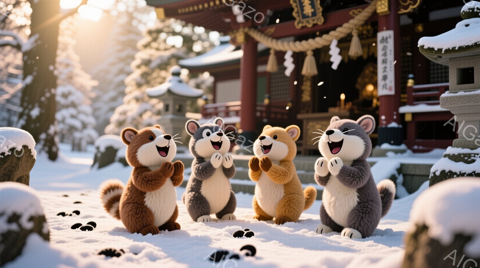 雪景色の中に、可愛らしいネズミのキャラクターが四匹、手を合わせて祈っている様子が描かれている。背景には、日本の伝統的な寺院が見え、雪で覆われた石灯籠や木々が静寂な雰囲気を醸し出している。全体的に暖かく、穏やかで、縁起の良い新年の雰囲気が感じられる。