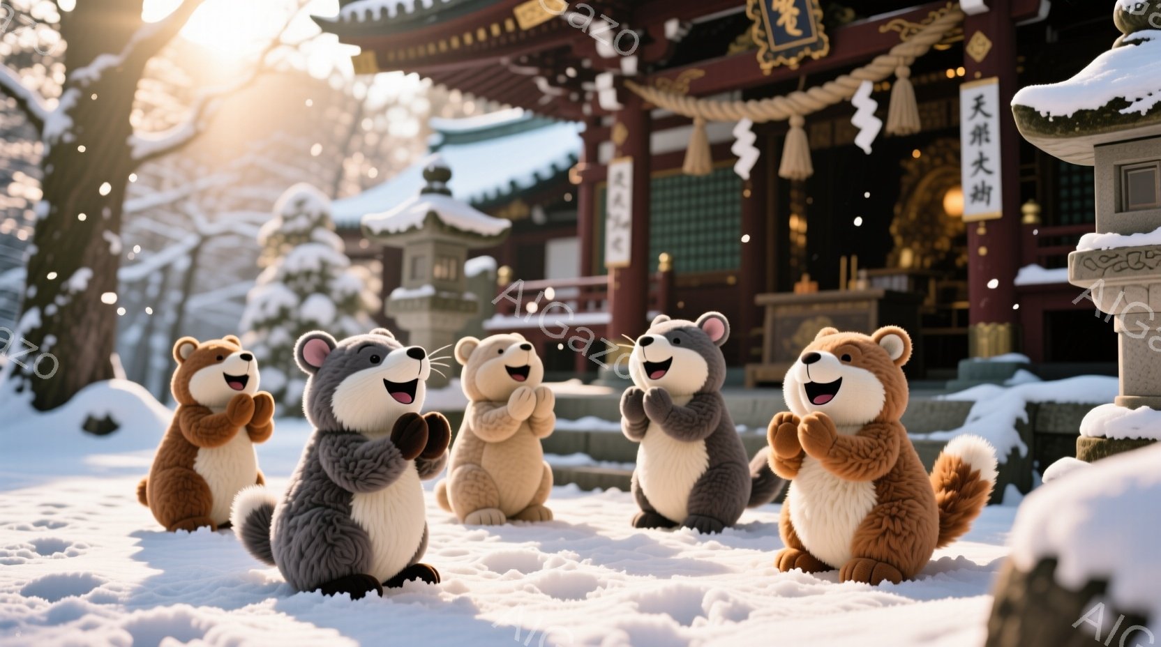 雪景色の中で祈りを捧げるようなポーズをとった、かわいらしい5匹の動物たちが描かれています。動物たちはそれぞれ異なる毛色で、楽しそうな表情で前足を組み、まるで新年のお参りのような様子を見せています。背景には、雪化粧された寺院や石灯籠が見え、穏やかで温かい雰囲気を醸し出しています。