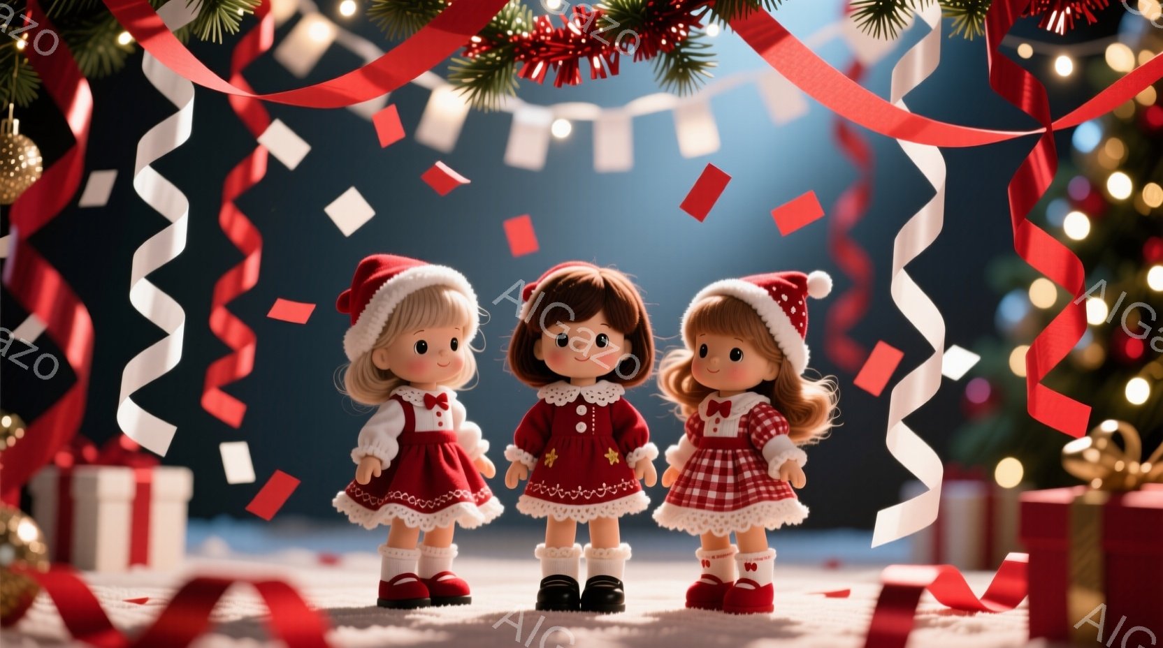 三人の女の子がクリスマスの背景の前で立っています。それぞれ赤いドレスと白い縁取りの帽子をかぶり、可愛らしい笑顔を浮かべています。背景には、プレゼントボックス、キラキラしたリボン、そして緑のクリスマスツ - AI生成フリー素材