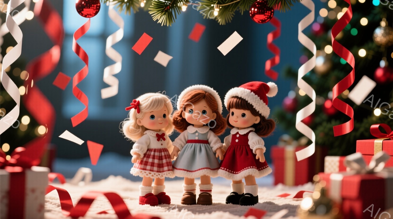三つの可愛らしい人形が雪の上に並んで立っています。左の人形は白地に赤のギンガムチェックのワンピースに赤いリボン、真ん中の人形はグレーのワンピースに白いエプロン、右の人形は赤いワンピースにサンタ帽をかぶ - AI生成フリー素材