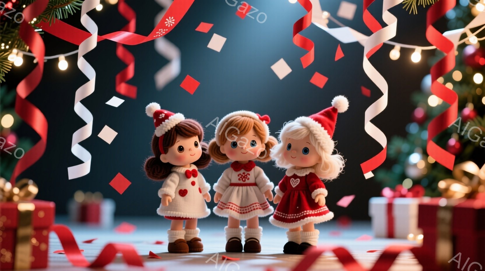 可愛らしい人形が三人、クリスマスの背景の前で並んでいます。それぞれ赤い帽子をかぶり、赤いドレスや白いドレスを着ており、顔には微笑みが浮かんでいます。背景にはプレゼントボックスやクリスマスツリー、飾り付 - AI生成フリー素材