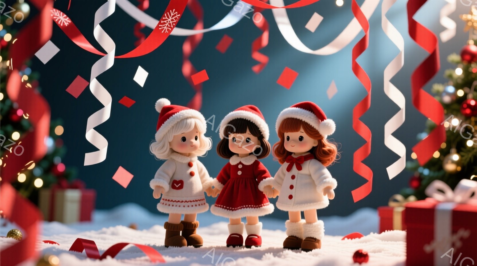 3人の可愛らしい女の子が雪景色の中で肩を組んで立っています。それぞれ赤いサンタ帽をかぶり、冬らしい赤いコートとブーツを履いています。背景にはクリスマスツリーやプレゼントボックスが配置され、雪片とリボン - AI生成フリー素材