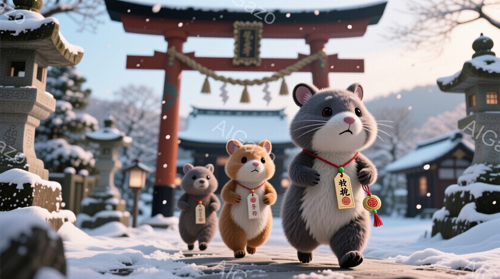 雪景色の中に、二匹のネズミが赤い提灯のようなお守りを手に、神社へと向かっています。先頭のネズミは少し誇らしげな表情で前を向き、後方のネズミは少し控えめな様子で続いています。背景には朱色の鳥居や雪を頂い - AI生成フリー素材