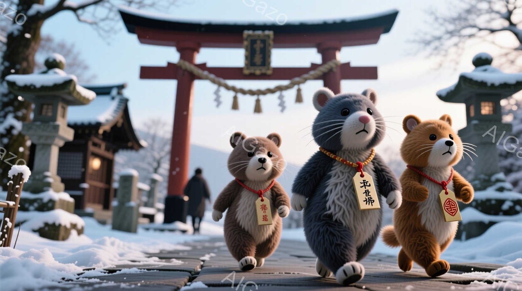 雪景色の中、鳥居を背景に、3匹のかわいいクマのキャラクターが描かれています。それぞれのクマは赤い首輪のようなものをつけ、小さな札が下がっており、それぞれに漢字が書かれています。雪が降り積もり、背景には - AI生成フリー素材